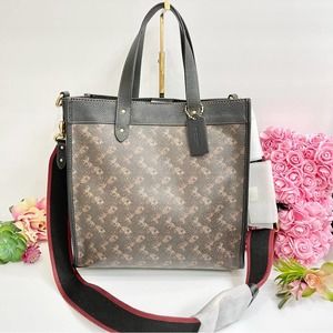 NEW COACH Field Tote With Horse And Carriage Print in Brass/Truffle Black